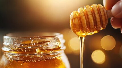 A beautifully lit image showing a golden honey jar with a dipper lifting honey, emphasizing its rich texture and color against a luminous, bokeh-filled background.