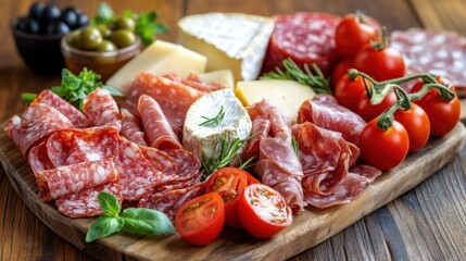 Charcuterie board is laden with an assortment of cured meats, cheeses, olives, and fresh tomatoes
