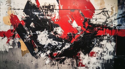 Fototapeta premium A bold, chaotic abstract painting with thick strokes of red, black, and white, set against a grungy concrete wall in a downtown art space