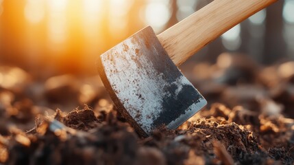 An image showcasing an axe firmly stuck into the ground, with the background depicting sun rays beautifully filtering through trees, creating an earthy, rustic scene.