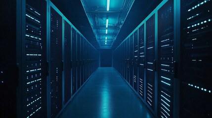 advanced data center with eerie lighting and futuristic rows of servers showcasing cyber security, cloud computing, and high-performance networking