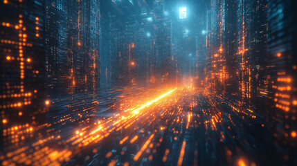 Fototapeta premium A bright orange and blue cityscape with a glowing street