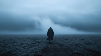 A solitary figure in a dark cloak walks purposefully towards an ominous misty horizon, evoking a sense of mystery and the unknown.