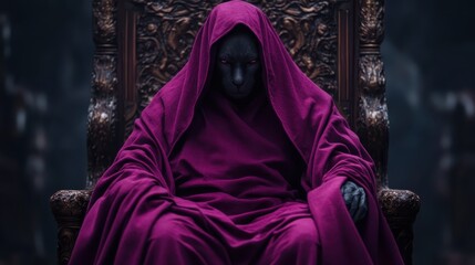 A hooded and faceless figure wrapped in a purple cloak sits solemnly on a grand, intricately carved throne, radiating an aura of mystery and power.
