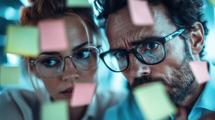 In a business setting, a team is engrossed in analyzing data with visible focus and curiosity, set against a backdrop of blurred colorful post-its and charts.