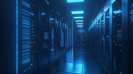 server room with eerie blue lighting and blinking network equipment highlighting cloud computing, cyber security, and advanced IT infrastructure