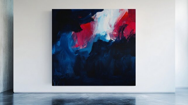 A dramatic abstract painting with dark blues and deep reds, hung on a white gallery wall background with polished concrete floors