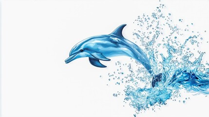 Fototapeta premium Dolphin leaps from water, creating splashes, dynamic and vibrant, white isolate background.