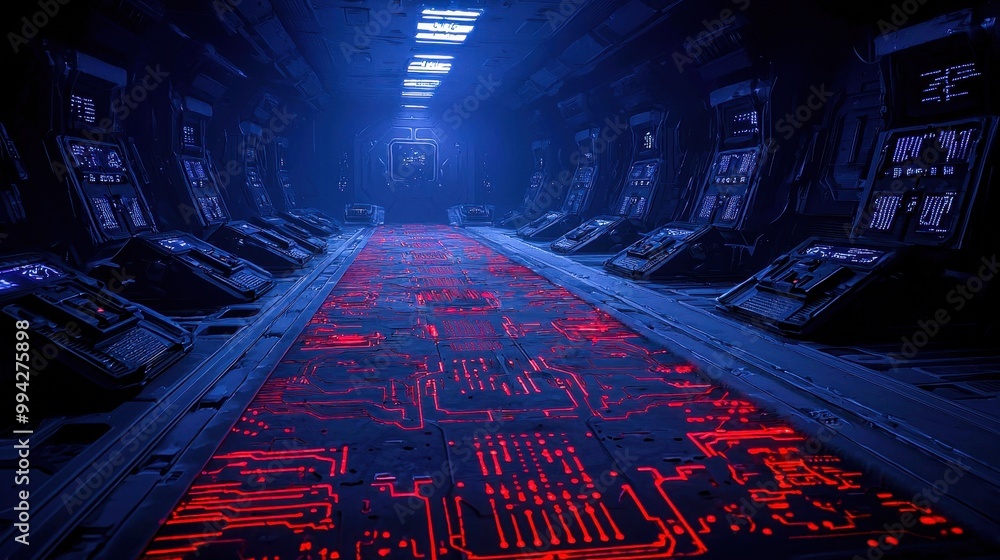 Poster futuristic corridor with glowing red patterns, high-tech environment, and a mysterious atmosphere.