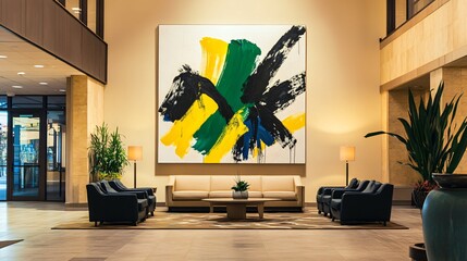 A large abstract canvas with bold strokes of green, black, and yellow, set on a warm beige background in a modern hotel lobby