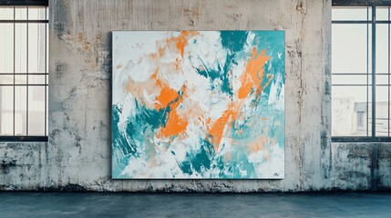 Naklejka premium A large abstract canvas with dynamic brushstrokes of teal, orange, and white, displayed against an exposed concrete wall in an urban loft space