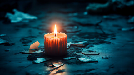 A solitary lit candle surrounded by broken pieces on a dark gray background, symbolizing the flicker of financial hope amidst overwhelming ruin.