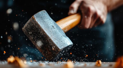 Another detailed image showing a person powerfully driving a heavy hammer into a surface, with fragments flying around, capturing force and precision in manual work environment.