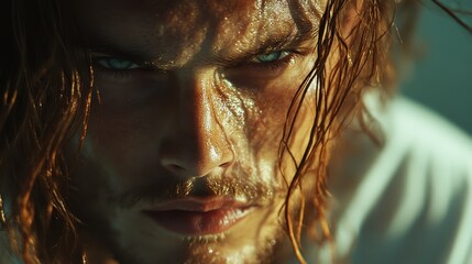 This close-up image features damp, curly hair glistening under direct sunlight, accentuating the texture and natural curls of the hair against a soft background.