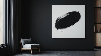 A minimalist abstract painting with sweeping black lines on a white canvas, displayed against a dark charcoal background in a stylish loft