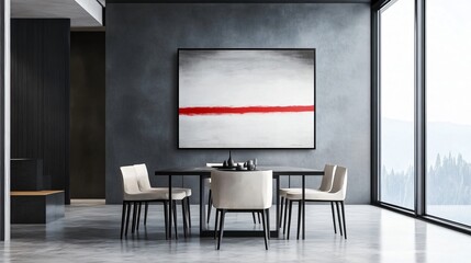 A minimalist black and white abstract painting with a single bold red line, displayed against a soft grey background in a contemporary dining room
