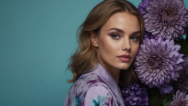 Beautiful Caucasian Woman Posing with purple flowers