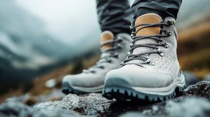 A detailed image of high-quality hiking boots designed for rugged trails, showcasing their durable construction and performance capabilities in harsh mountainous environments.