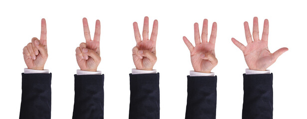 Group of businessman hand wearing suit show one, two, three, four and five finger gesture for counting number in communication signal concept. Isolated in white Background.