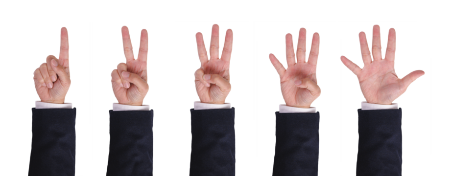 Group of businessman hand wearing suit show one, two, three, four and five finger gesture for counting number in communication signal concept. Isolated in white Background.