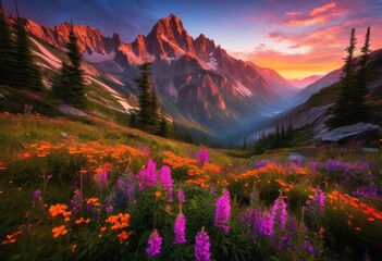 captivating mountain sunrise revealing spectacular vibrant color palette over majestic peaks serene valleys, sky, cloud, light, landscape, horizon, reflection