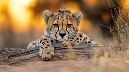   A majestic cheetah perched atop a log, adorned with a regal bow, gazes intently at the camera