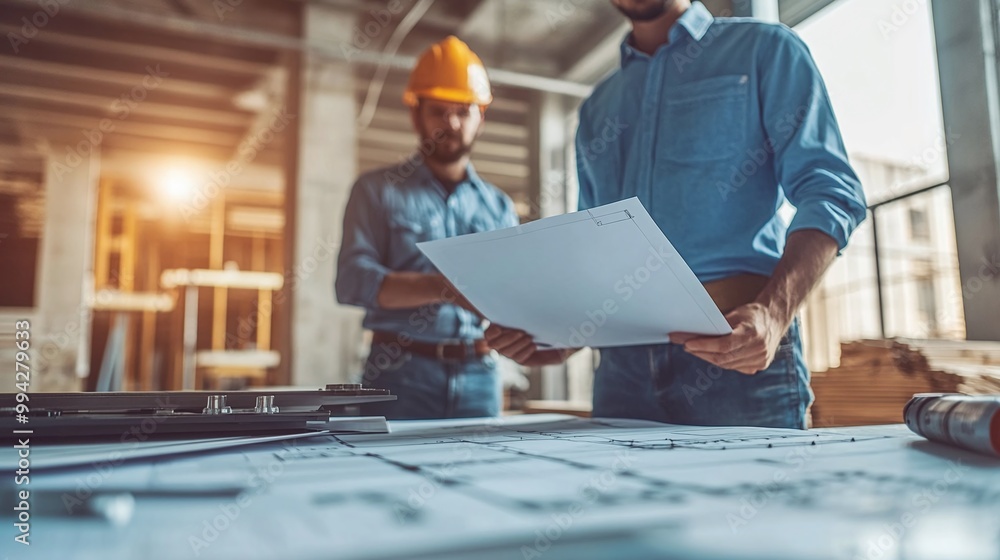 Poster builders and workers on a construction site, engaged in collaboration and review of housing plans, e