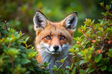 Fototapeta premium Curious red fox peering from bush