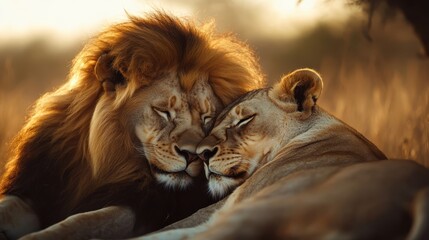 Naklejka premium A pair of lions napping shoulder to shoulder in the golden light of sunset, beautifully capturing their intimate and strong bond under warm and serene sunset hues.