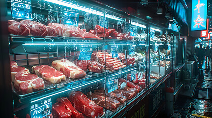 Meat aisle with various cuts displayed in a refrigerated grocery section. close-up of a meat fridge in a grocery store filled with various cuts of fresh meat various cuts of beef, pork and other meats