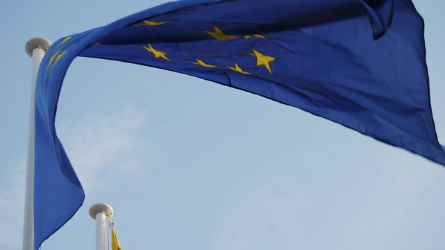 EU NATO and Spain and Catalonia flags, The Vibrant Flags are Beautifully Displaying Catalonias Unique Identity and Heritage