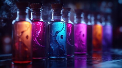 Several potion bottles filled with glowing colored liquids and marked with a skull design are arranged in a row on a reflective surface, emitting a mystical glow.