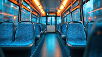 Fototapeta premium modern bus interior showing empty seats, highlighting the comfortable seating and innovative design for public transportation and urban commuting