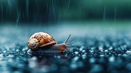 A snail with a beautifully patterned shell slowly crawling on wet pavement as raindrops fall around it, capturing the essence of tranquility in nature.
