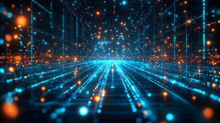Obraz premium A computer generated image of a city street with blue and orange lights