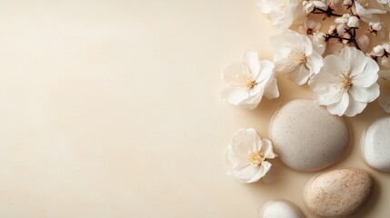 Elegant composition of delicate white flowers and smooth pebbles arranged against a light beige background, evoking a sense of calmness and natural beauty.