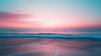 A serene and enchanting dusk over calm ocean waters, with a beautifully painted sky blending hues of pink and blue, capturing the tranquil essence of sunset at sea.