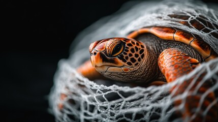 A close-up shot of a sea turtle ensnared in a net, showcasing the intricate details of its shell and scales, emphasizing the plight of marine life entangled in fishing gear.