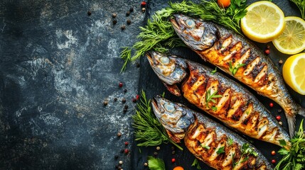 Grilled mackerel fish with lemon herbs and spices, banner, menu recipe place for text, top view, 