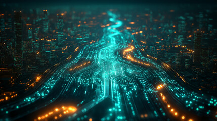 Obraz premium A cityscape with a green line that runs through it