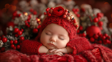 Sleeping Baby in Festive Red Outfit Surrounded by Christmas Decorations