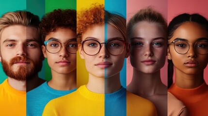 A lively portrait featuring diverse individuals against distinct vibrant backgrounds, highlighting unity and diversity in a colorful, expressive way.