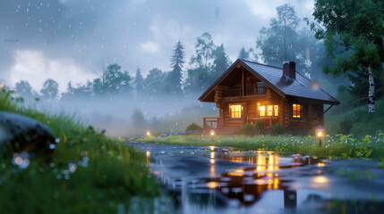 Obraz premium A quaint wooden cabin stands under rainfall, surrounded by lush greenery, with soft lights glowing from its windows.