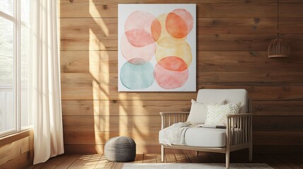 An abstract painting featuring overlapping circles in soft pastel colors, hung on a wooden panel background in a cozy reading nook