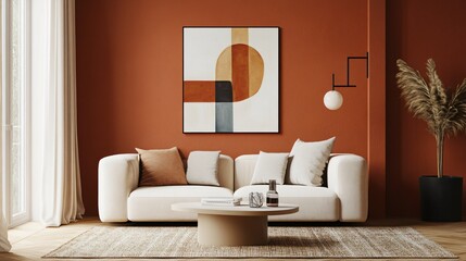 An abstract painting with geometric patterns in muted colors, set against a warm terracotta background in a cozy modern living room