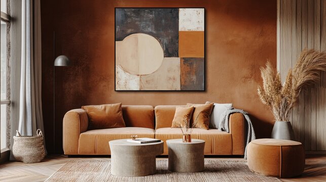An abstract painting with geometric patterns in muted colors, set against a warm terracotta background in a cozy modern living room