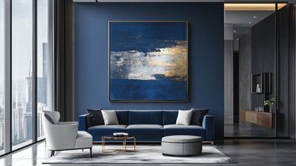 An abstract painting with metallic silver and gold accents, layered on a deep blue background, displayed in a luxurious modern apartment