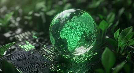 Green glass globe on a technology, with green glowing lights, representing the tech world and a futuristic, eco-friendly concept for sustainable technology and global environmental protection.