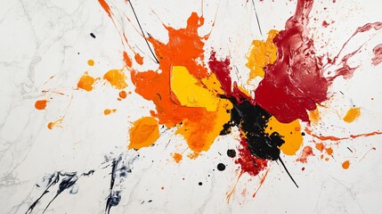 Fototapeta premium An abstract painting with thick splashes of red, orange, and yellow, displayed against a white marble background in a high-end gallery