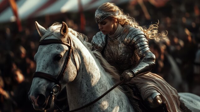 A figure in full armor is mounted on a white horse, participating in a medieval jousting tournament, an event filled with bravery and historical significance.